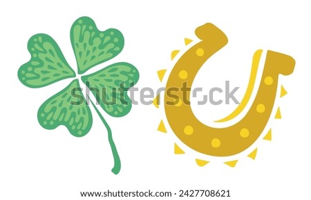 Vector illustration of a four leaf lucky clover and horseshoe. Vector set icons of lucky clover and horseshoe for Patrick's day.