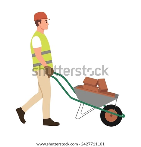 Construction worker with wheelbarrow. Man carrying loader with goods at warehouse. Transportation carrying on cart. Flat vector illustration isolated on white background Royalty-Free Stock Photo #2427711101