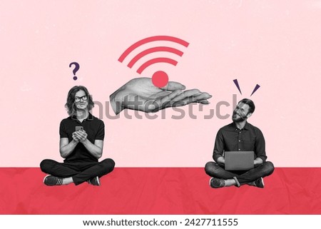 Composite image sketch photo collage poster of two young guys work iphone laptop hand offer wifi 5g fast speed connection isolated on pink background