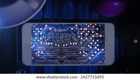 Image of smartphone with data processing in office. Social media and digital interface concept digitally generated image.