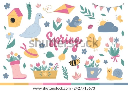 Spring clip art, doodles, stickers, cartoon elements for cards, posters, prints, signs, banners, invitations, etc. EPS 10