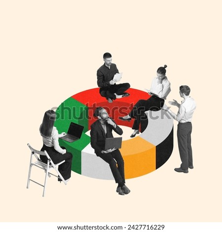 Group of employees, colleagues meeting at round table working on strategies and analytics. Promotion of projects. Contemporary art collage. Concept of business, teamwork, motivation, cooperation