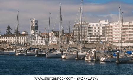 boat arrives at the marina with yachts, view from the board, Ponta Delgada, Azores Royalty-Free Stock Photo #2427719197
