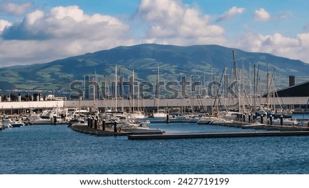 boat arrives at the marina with yachts, view from the board, Ponta Delgada, Azores Royalty-Free Stock Photo #2427719199