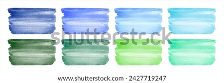 Colorful watercolor vector brush strokes, smears set. Banners collection, rectangle shape. Mint pine green, sky navy blue painted watercolour stains textures. Aquarelle templates, text backgrounds.