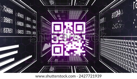 Image of data processing and qr code over black background. Social media and digital interface concept digitally generated image.
