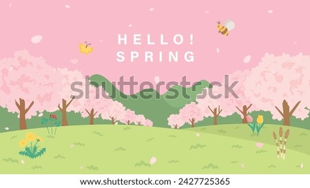 Spring tree-lined street with cherry blossoms blooming.
landscape vector illustration.  Royalty-Free Stock Photo #2427725365