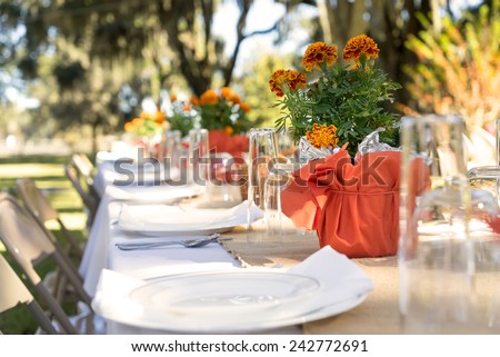 Outdoor spring or summer casual garden party set up for lunch dinner with long table folding chairs marigold flowers plastic disposable plates and white tablecloth Royalty-Free Stock Photo #242772691