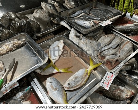 Many kinds of seasoned raw fish on a metal tray in a seafood restaurant ready to grill