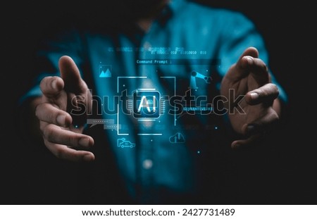 Businessman holding AI or Artificial Intelligence icon , AI is futuristic technology by input command prompt to generate include  photo animation research article.