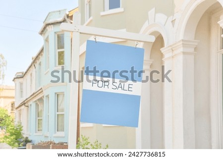 For sale sign with houses in background classic. Downtown english properties uk real estate market.