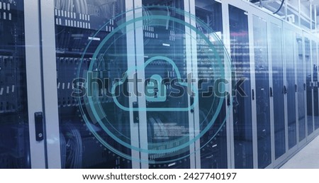Image of data processing and padlock over server room. Social media and digital interface concept digitally generated image.