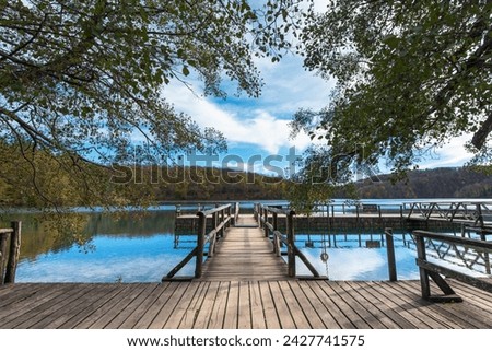 Wooden pier view inside the Plitvice Lakes National Park. Croatia. Europe.