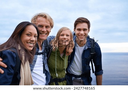 Friends, portrait and mountains for hiking, adventure and travel outdoor with nature and ocean in winter. Happy group of people in profile picture or selfie for trekking and explore by sea with hug