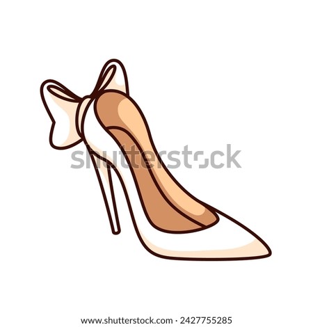 Groovy cartoon wedding shoe of bride. Funny retro elegant white shoe with high heel and bow, marriage and bridal luxury accessories mascot, cartoon sticker of 70s 80s style vector illustration Royalty-Free Stock Photo #2427755285
