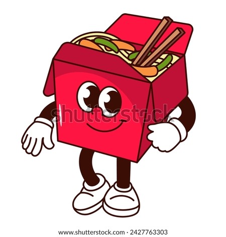 Groovy noodle box cartoon character with chopsticks. Funny retro takeaway red container walking, cheerful Asian wok food mascot, cartoon fastfood sticker of 70s 80s style vector illustration
