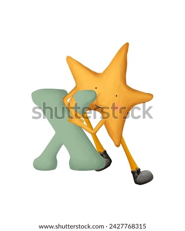 Bright cartoon alphabet. Cute and funny star with letter X. Illustration for kids on white background