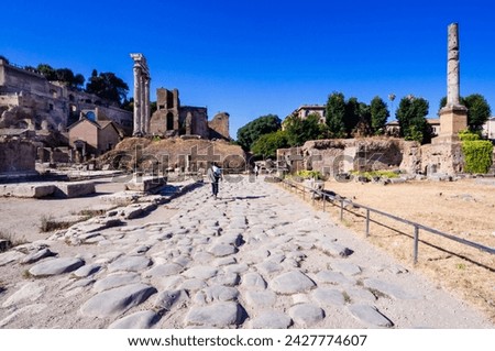 Roman road, temple of castor and pollux, palatine hill behind, roman forum, unesco world heritage site, rome, lazio, italy, europe Royalty-Free Stock Photo #2427774607