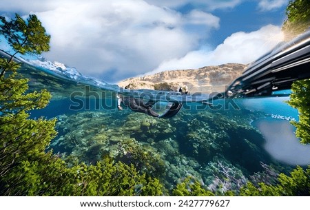 The beautiful picture of person swimming in a pond, beautiful view, mountains.