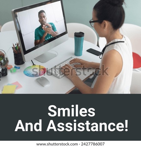 Composition of smiles and assistance text over asian woman using computer. Receptionist day, professional and office work concept digitally generated image.