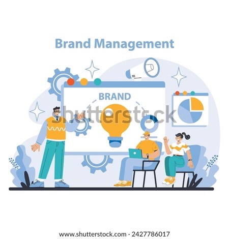 Brand management concept. Team collaborating on holistic brand management. Crafting identity with innovative ideas. Targeting market positioning and audience engagement. Flat vector illustration. Royalty-Free Stock Photo #2427786017