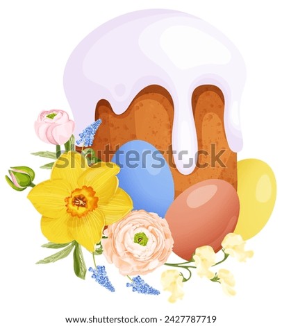 Spring composition with traditional Easter cake and eggs, flowers of narcissus, ranunculus, hyacinth and sweet peas. Stock vector illustration on a white background.