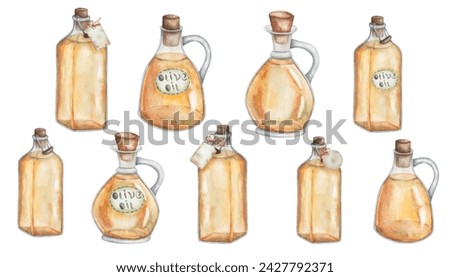 Watercolor set of illustrations. Hand painted glass jugs with handles, corks, Olive Oil labels. Square bottles with tags. Yellow virgin olive oil. Transparent pitchers with stickers. Isolated clip art