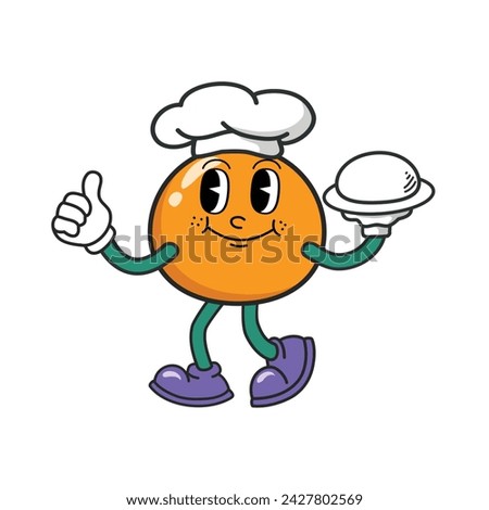 Orange cartoon character wearing chef hat serving food. Orange mascot wearing glove and shoes. Groovy Retro cartoon characters for icon, mascot, logo, label, poster, banner, print, sticker, clip art Royalty-Free Stock Photo #2427802569