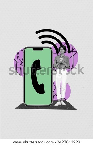Creative abstract collage template graphics image of smiling lady calling apple iphone samsung device isolated grey color background