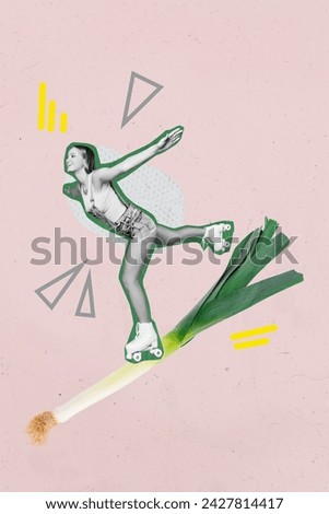 Vertical image poster young cheerful girl roller skate leisure weekend rest carefree vegan nutrition green fresh onion ingredient meal