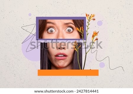 Creative collage picture illustration image frame element young woman mouth open scary terrified lily flower bubble sketch white background