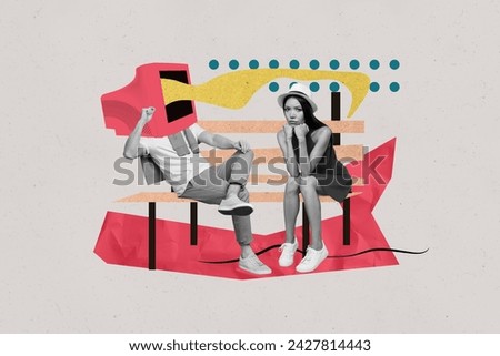 Photo collage sitting couple man headless television computer monitor head bored depressed young girl bad influence drawing background