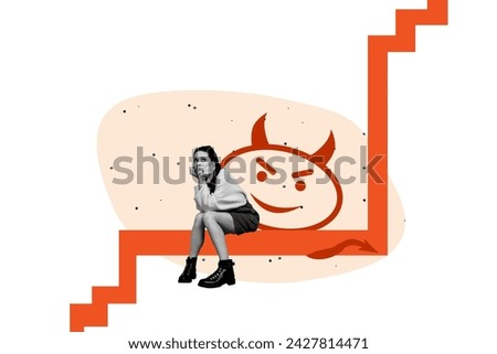 Collage creative image illustration black white filter unhappy sadness thoughtful young lady sit alone angry emoji unusual white background