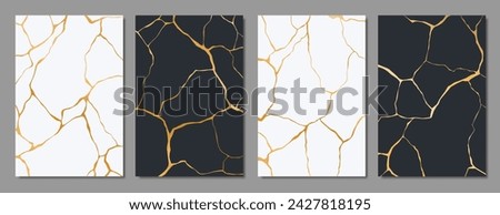 Kintsugi golden cracks, black and white marble texture pattern. Vector vertical backgrounds blending elegant veins with gold seams, embodying the Japanese art of embracing imperfections Royalty-Free Stock Photo #2427818195
