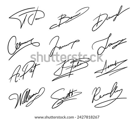 Autograph or business signature pack set. Isolated vector handwritten signatures of fake persons. Name and surname scribbles for personal document, business contract, certificate or agreement Royalty-Free Stock Photo #2427818267