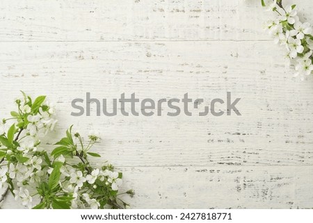 Spring background with white apple or cherry blossoms and wooden background. Easter or Passover spring greeting cards with copy space. Natural plants landscape, ecology, fresh wallpaper concept Mockup