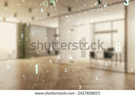 Multi exposure of abstract creative coding sketch and world map on a modern furnished office background, artificial intelligence and neural networks concept