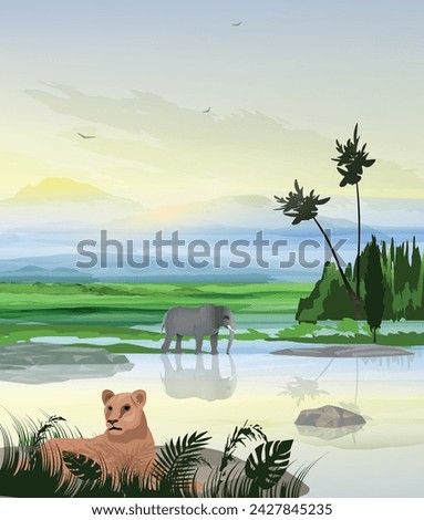 Earth creation. Six Days of Creation. Day 6- God created animals. Eden Garden. Bible creation story picture. Creation of the world.  Royalty-Free Stock Photo #2427845235