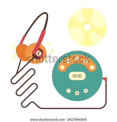 Portable CD player, headphones, disc. Colored vector illustration in 90s style. White background.