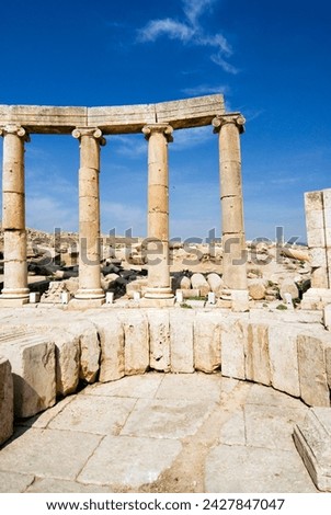 Oval plaza, colonnade and ionic columns, jerash (gerasa), a roman decapolis city, jordan, middle east Royalty-Free Stock Photo #2427847047