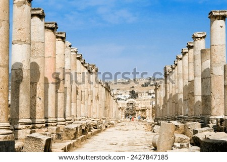 The cardo, north colonnaded street, jerash (gerasa) a roman decapolis city, jordan, middle east Royalty-Free Stock Photo #2427847185