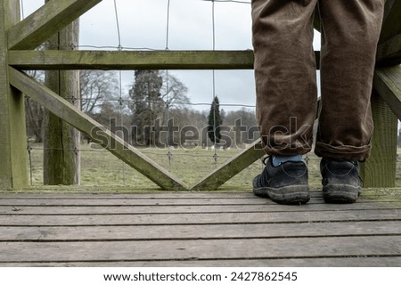 Abstract view of a woman seen standing on a tall observation area who is looking at distant, out of focus rare white dear in a British wildlife park.