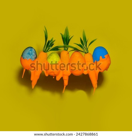 Easter eggs with carrots on a green background. Easter creative concept. 
