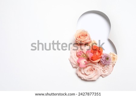8 March greeting card design with flowers and space for text, top view. Happy International Women's Day