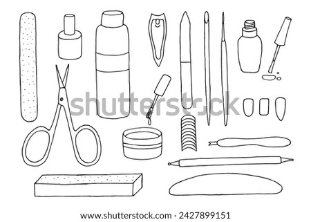 Set of items for manicure. Vector doodle illustration of manicure accessories. Nail polish, file, apricot stick, dots. Black and white contour drawing of isolated nail care products.