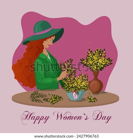 International Women`s Day. 8 March poster, banner and greeting card. Gingerhead girl in hat hold mimosa. Mimosa bouquet in vase and blue basket. Vector illustration isolated on pink background