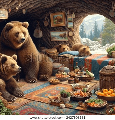 It's an animated picture of Bear sitting near by a delicious food which is settled properly 