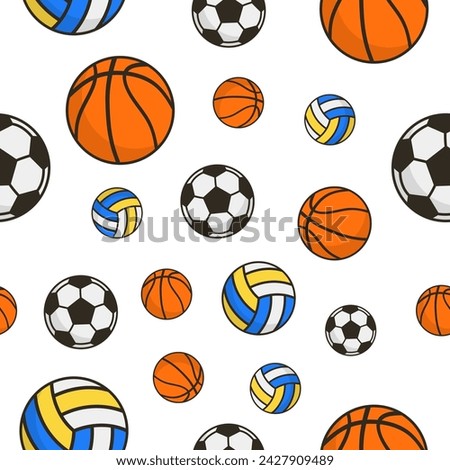 Volleyball, soccer or football and basketball balls seamless pattern. Seamless background with sports balls. Typography graphics for textile and print products. Vector illustration.