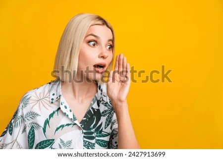 Photo portrait of lovely young lady cover mouth frightened whisper dressed stylish leaves print garment isolated on yellow color background Royalty-Free Stock Photo #2427913699