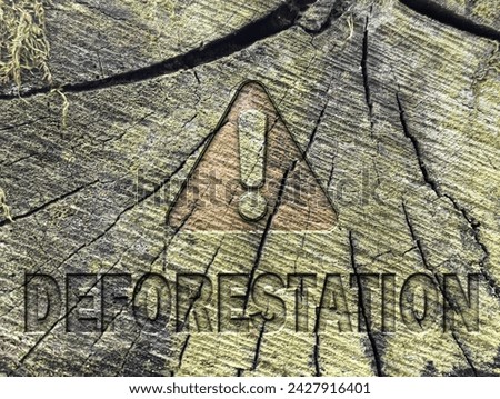 Danger sign and 'deforestation' word engraved on the surface of a cut log